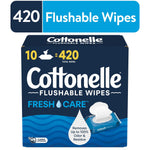 Dark blue Cottonelle Fresh Care flushable wipes box showing '10 = 420' total wipes and product branding
