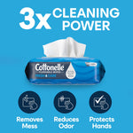 Single blue Cottonelle Fresh Care flip-top wipes pack on blue background with three benefit icons and '3x cleaning power'