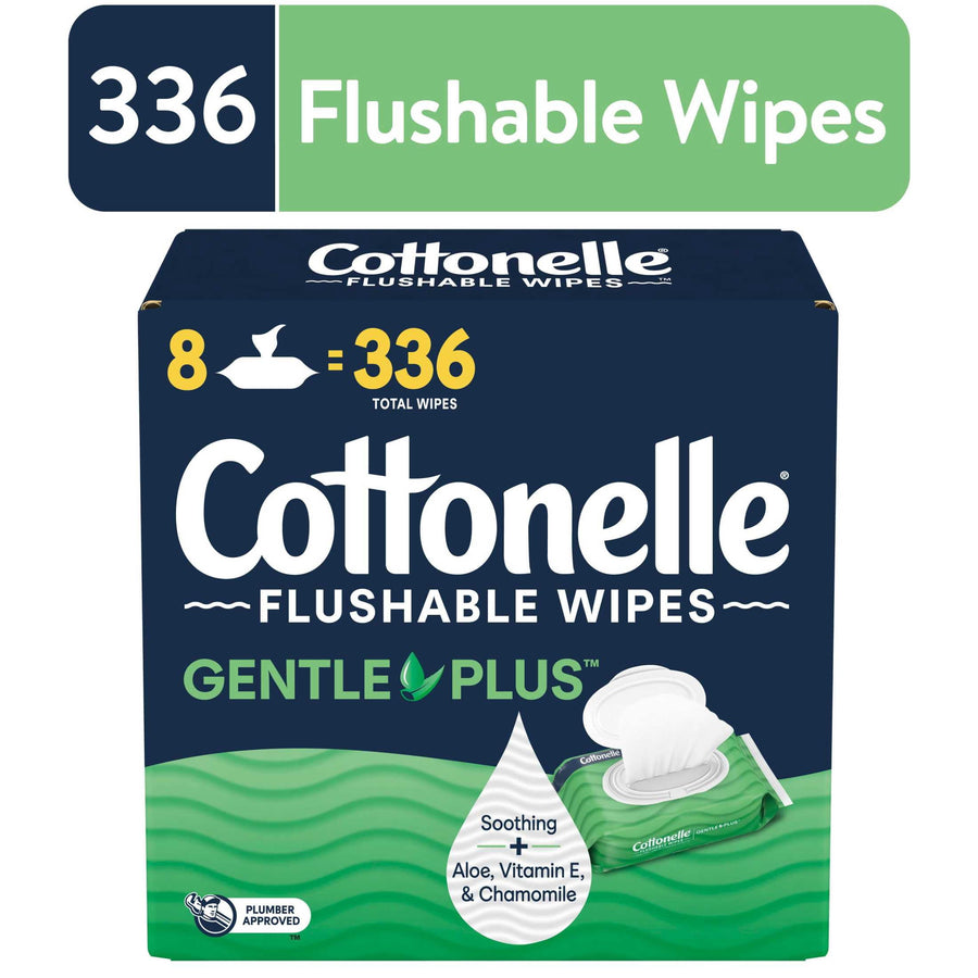 Front-facing product box of Cottonelle Flushable Wipes GentlePlus with large 336-flushable-wipes callout