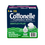 Studio front-on shot of Cottonelle Flushable Wipes GentlePlus box showing branding, tear illustration and product details