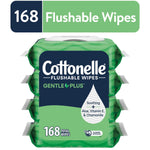 Stacked green Cottonelle GentlePlus flushable wipes packs with 168 total wipes label and flip-top lid