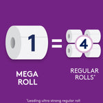 Illustration showing one mega roll equals four regular rolls with accompanying text “Mega Roll = Regular Rolls” on purple background