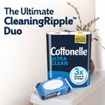 Cottonelle Ultra Clean multipack displayed with a small pack of Cottonelle flushable wipes and decorative background text about CleaningRipple