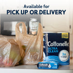 Packaged Cottonelle Ultra Clean rolls on a kitchen counter next to grocery bags and a pack of Cottonelle wipes with delivery text above