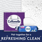 Cottonelle purple package and a pack of Cottonelle flushable wipes with water-drop background and refresh message