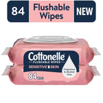 Two stacked pink Cottonelle flushable wipes packs with flip-top lid and 84 count label