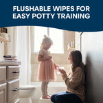 Lifestyle image of an adult and child in a bathroom using Cottonelle flushable wipes, with headline about potty training above.