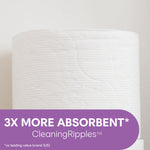 Close-up of a Cottonelle toilet paper roll texture with purple banner reading '3X MORE ABSORBENT' and CleaningRipples branding