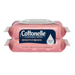 Two stacked pink Cottonelle sensitive skin flushable wipes packs shown on a white background