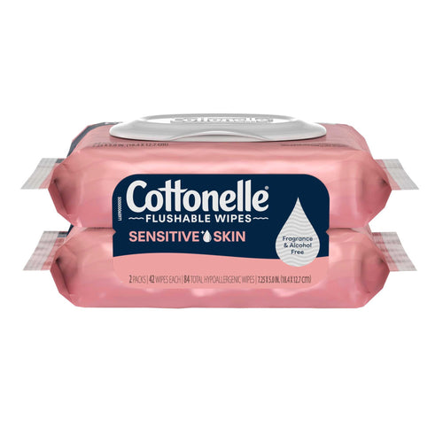 Two stacked pink Cottonelle sensitive skin flushable wipes packs shown on a white background