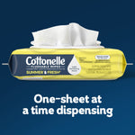 Single Cottonelle Summer Fresh flushable wipes pack with an opened lid dispensing a sheet against a blue background