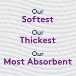 White textured paper background with bold purple text reading “Our Softest Our Thickest Our Most Absorbent”