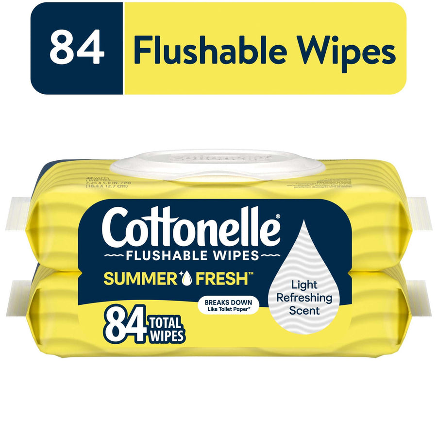 Pack of two Cottonelle Summer Fresh flushable wipes in yellow flip-top packaging, 84 total wipes label visible