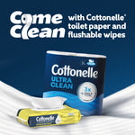 Cottonelle Ultra Clean toilet paper roll and Summer Fresh flushable wipes pack shown together with promotional headline