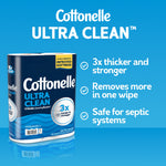 Cottonelle Ultra Clean package on blue background with product benefits listed: thicker, removes more, safe for septic