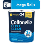 Packaged Cottonelle Ultra Clean toilet paper pack showing dark blue packaging and '3x thicker & stronger' badge