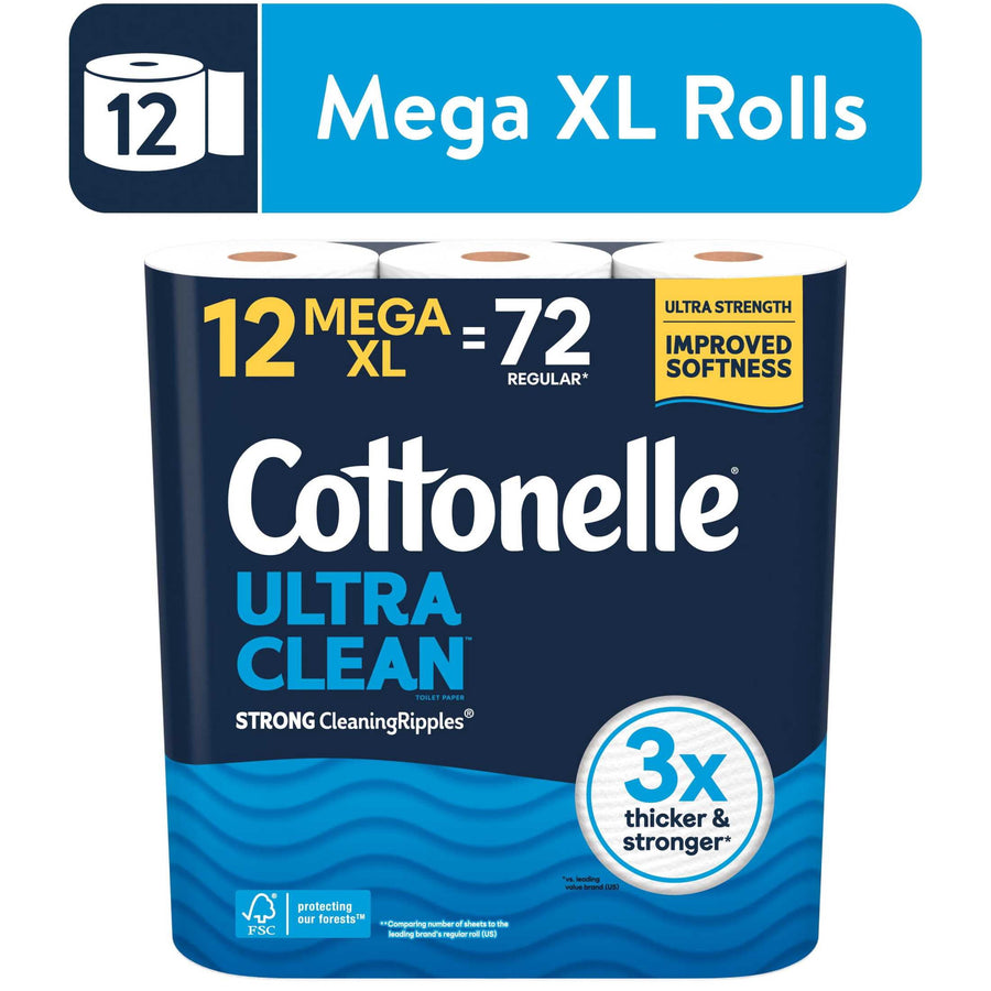 Packaged Cottonelle Ultra Clean toilet paper bundle with navy-blue wrap and 3x thicker & stronger badge