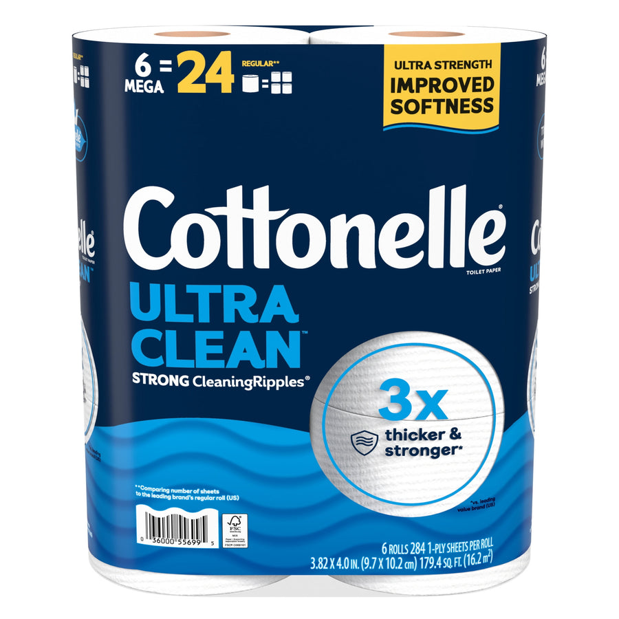 Packaged Cottonelle Ultra Clean toilet paper in blue wrap showing brand name, 'Ultra Clean' text and a 3x thicker & stronger badge.