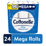 Blue Cottonelle Ultra CleanCare package showing visible white toilet paper rolls and '24 Mega Rolls' badge