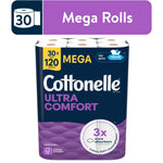 Packaged Cottonelle Ultra Comfort mega toilet paper pack with purple branding and '3x more absorbent' badge