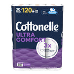 Studio product shot of Cottonelle Ultra Comfort 30-mega roll pack showing brand name, purple wave design and '3x more absorbent' seal