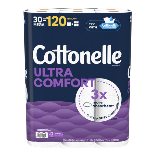 Studio product shot of Cottonelle Ultra Comfort 30-mega roll pack showing brand name, purple wave design and '3x more absorbent' seal