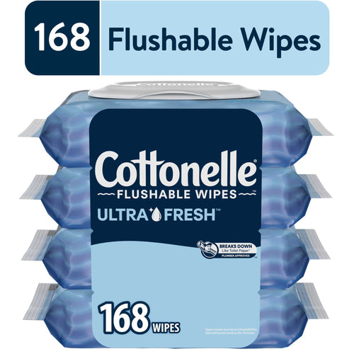 Stacked packs of Cottonelle Ultra Fresh flushable wipes with flip-top lid and 168 wipes callout