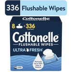 Boxed pack of Cottonelle Flushable Wipes Ultra Fresh showing logo and 336 count callout