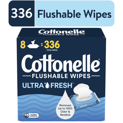 Boxed pack of Cottonelle Flushable Wipes Ultra Fresh showing logo and 336 count callout