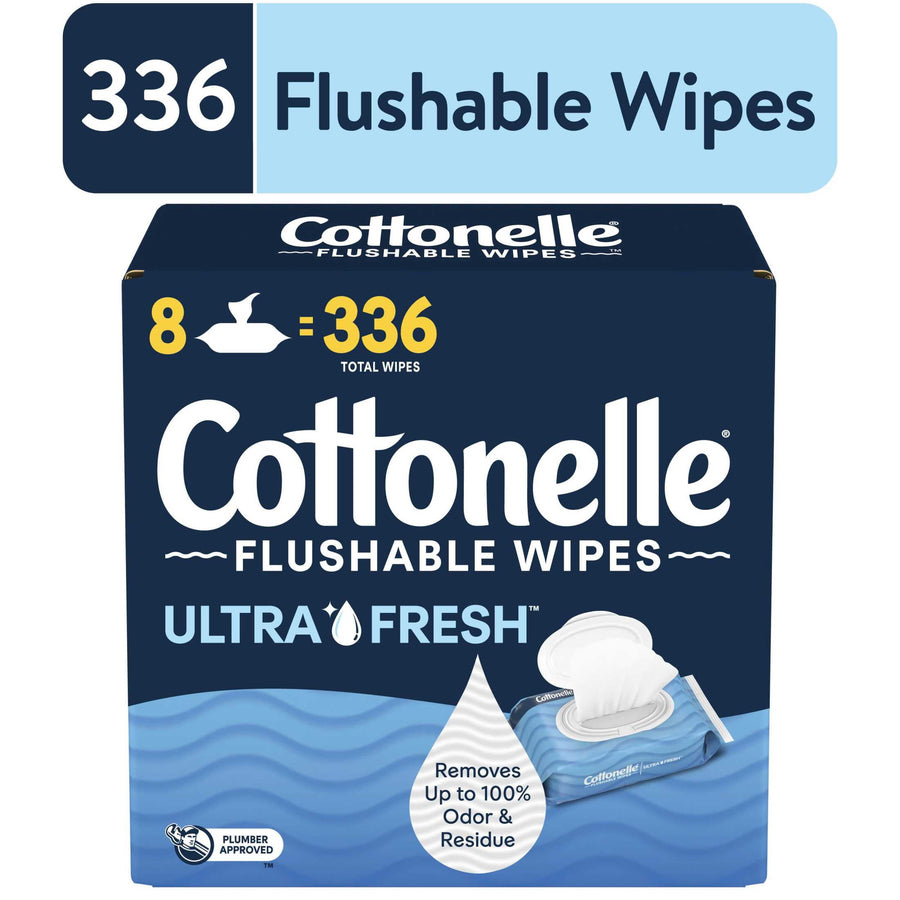 Boxed pack of Cottonelle Flushable Wipes Ultra Fresh showing logo and 336 count callout
