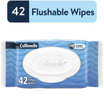 Blue Cottonelle flushable wipes pack with white flip-top lid and '42 total wipes' label against white background.