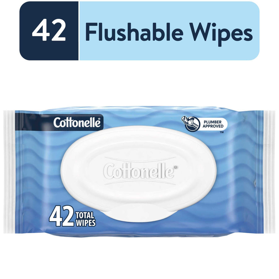 Blue Cottonelle flushable wipes pack with white flip-top lid and '42 total wipes' label against white background.