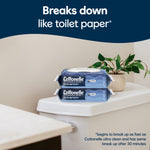 Two Cottonelle Ultra Fresh flushable wipes packs stacked on a toilet tank with text about breaking down like toilet paper