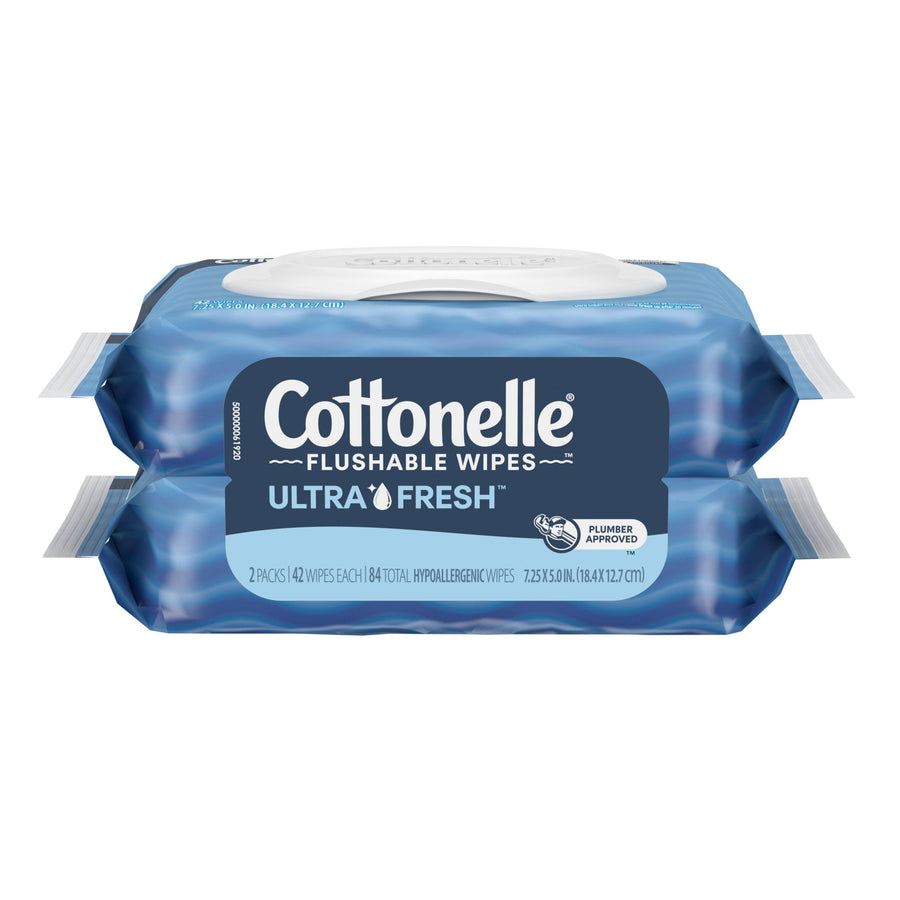 Front-facing studio image of two stacked Cottonelle Ultra Fresh flushable wipes flip-top packs on white background