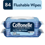 Two stacked Cottonelle Ultra Fresh flushable wipes flip-top packs with visible '84 wipes' badge
