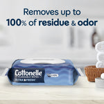 Single Cottonelle Ultra Fresh flushable wipes pack on a bathroom counter with headline about removing residue and odor