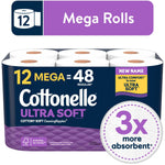 Packaged Cottonelle Ultra Soft toilet paper package showing six visible rolls and branding with 3x absorbent badge