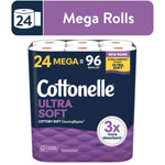 Package of Cottonelle Ultra Soft toilet paper with purple design showing '24 mega = 96 regular' and 3x absorbent badge