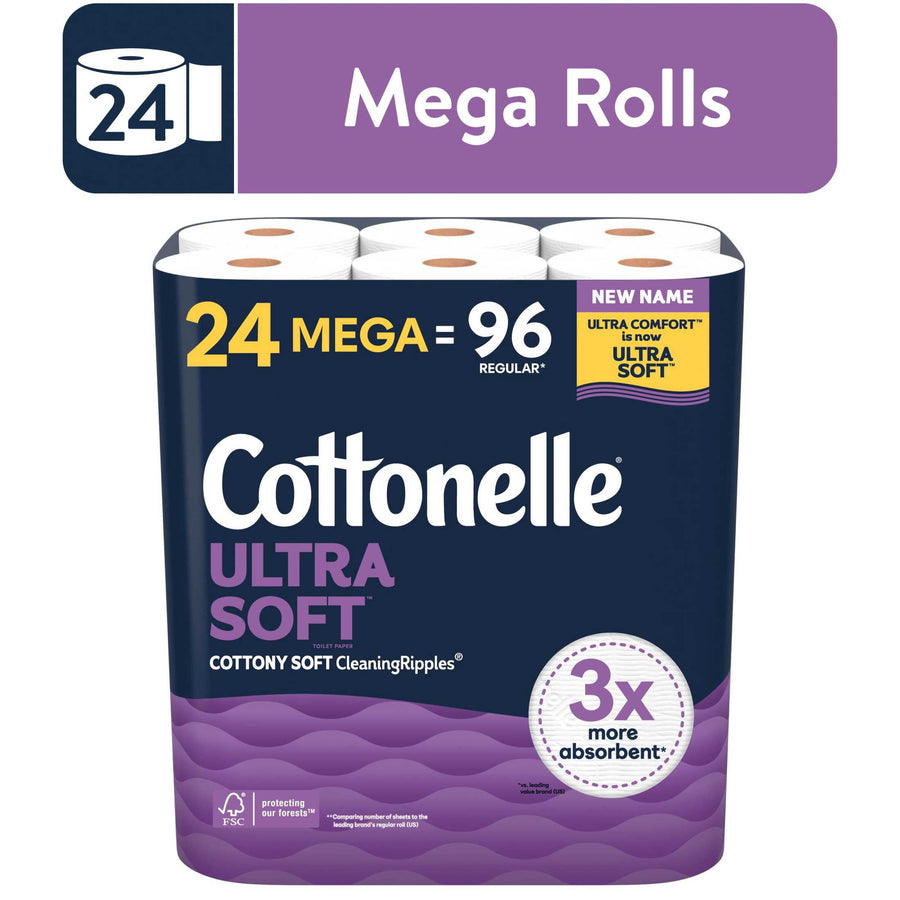 Package of Cottonelle Ultra Soft toilet paper with purple design showing '24 mega = 96 regular' and 3x absorbent badge