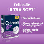 Cottonelle Ultra Soft toilet paper pack on purple background with text listing soft, absorbent, and septic-safe benefits