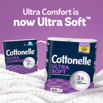 Cottonelle Ultra Soft packaging and previous 'Ultra Comfort' pack on purple background with callout 'now Ultra Soft'