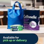 Cottonelle Ultra Soft toilet paper roll beside two green Cottonelle GentlePlus flushable wipes packs and a blue tote bag