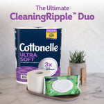 Cottonelle Ultra Soft multi-roll package with a roll and a pack of Cottonelle wipes in foreground on a tiled backdrop