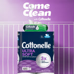 Cottonelle Ultra Soft toilet paper pack with a Cottonelle GentlePlus flushable wipes pack displayed on top and purple marketing background