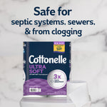 Cottonelle Ultra Soft pack and a single toilet paper roll on a marble surface with text about septic-system safety