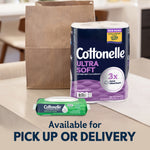 Cottonelle Ultra Soft package and a pack of Cottonelle wipes staged on a table with a paper bag and pickup or delivery text below