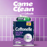 Cottonelle Ultra Soft package staged against a purple wall with 'Come Clean' headline and a pack of flushable wipes on top