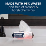 Single Cottonelle fragrance-free flushable wipes pack on a bathroom counter with a wipe pulled up