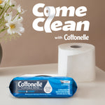 Promotional image with Cottonelle flushable wipes packet and a single toilet paper roll beside a vase and 'Come Clean' headline