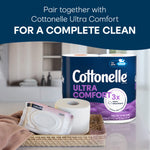 Cottonelle wipes pack shown with Cottonelle Ultra Comfort toilet paper in a basket promoting a complete clean